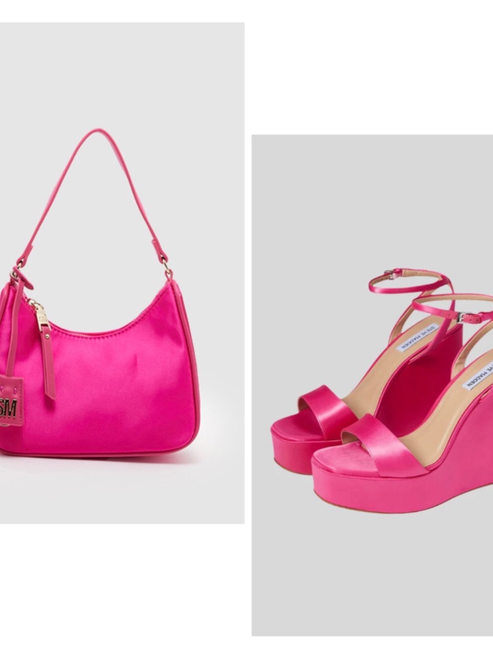 Steve Madden Hot Pink Satin Shoulder Bag and Wedge Sandals